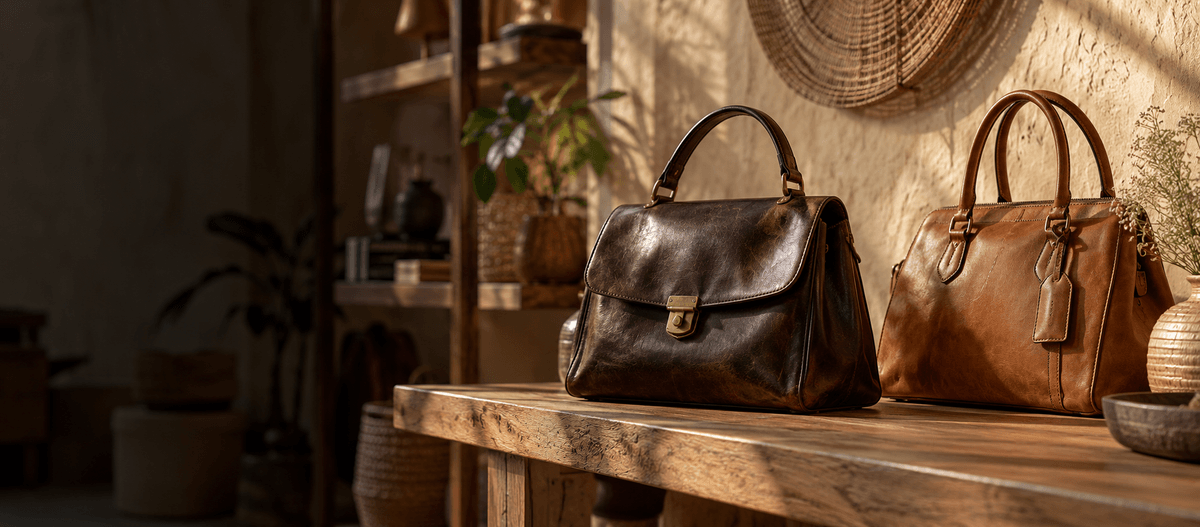 Illustrative atelier scene with vintage leather bags on a wooden shelf